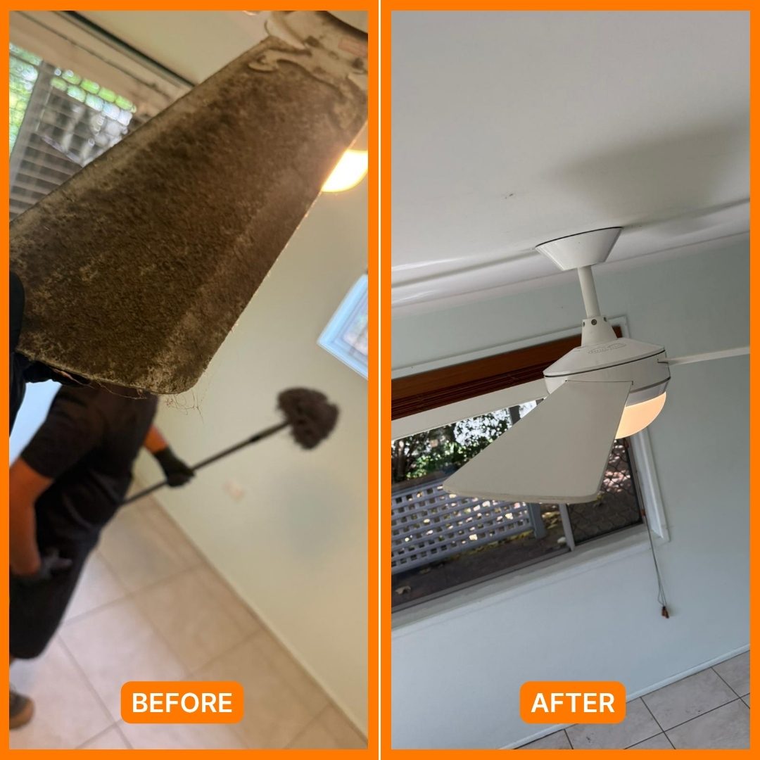 Dusty ceiling fan blades before and after end of lease cleaning in Brisbane