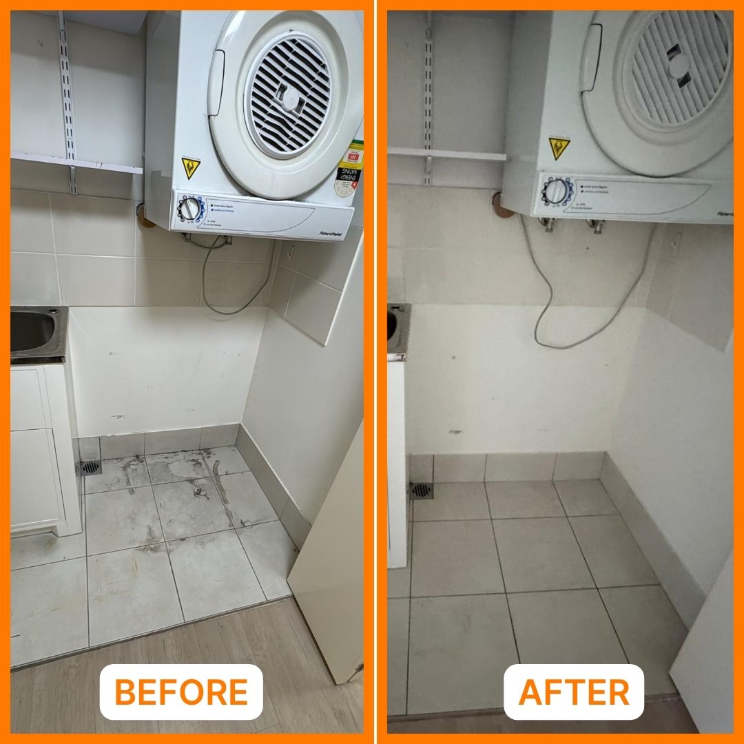Laundry floor and walls before and after a bond clean in Brisbane