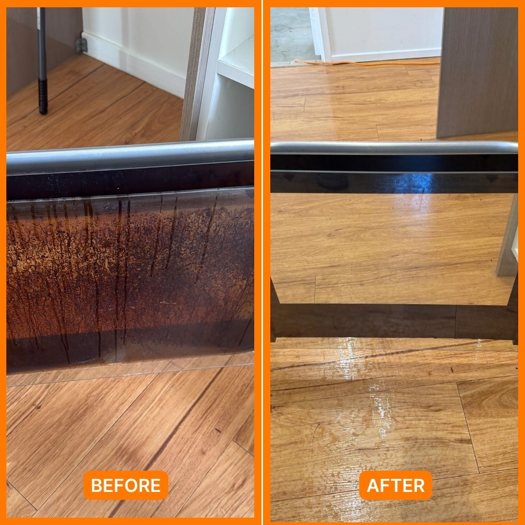 Oven door glass before and after a bond clean in Brisbane, baked-on grease removed