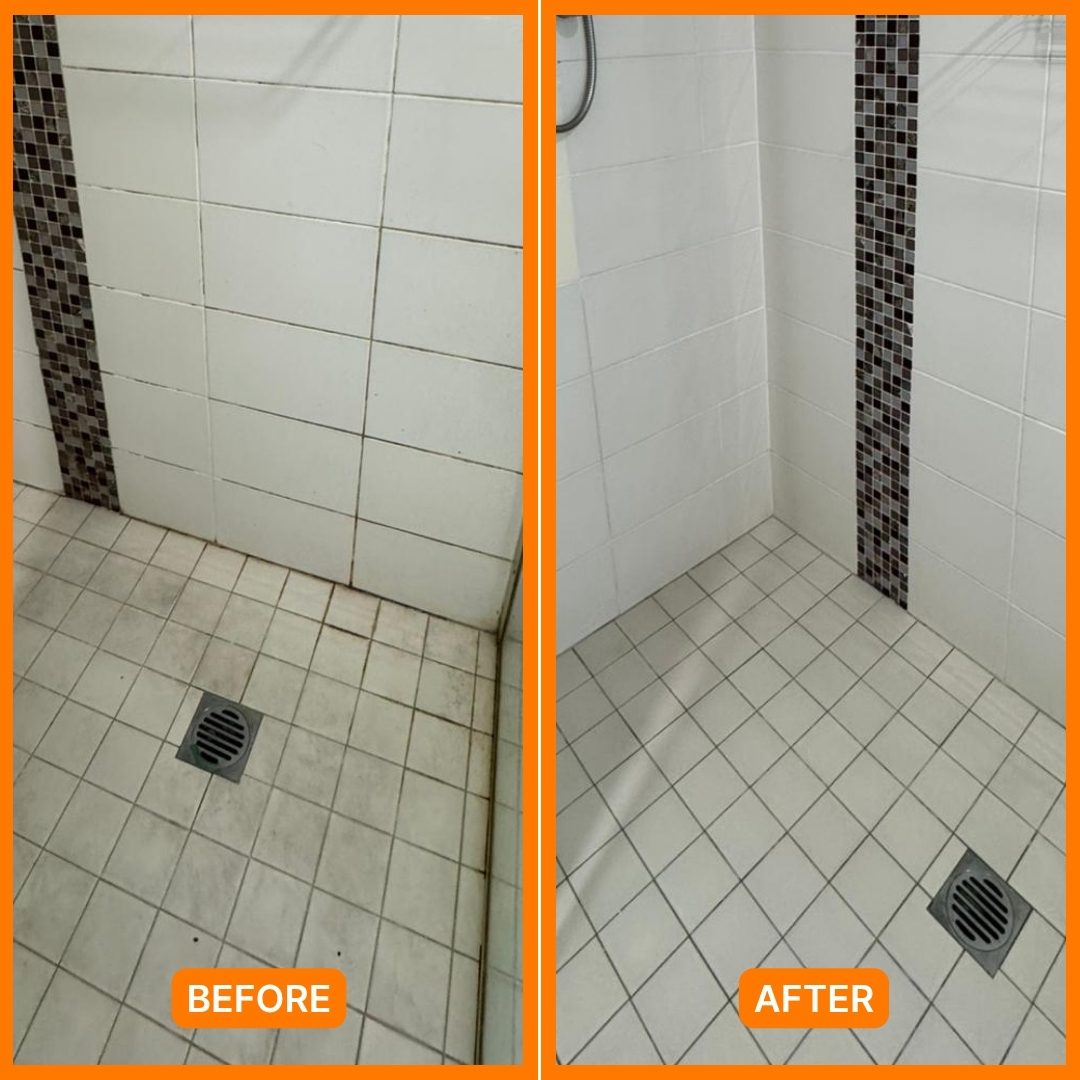 Shower tiles and grout before and after end of lease cleaning in Brisbane