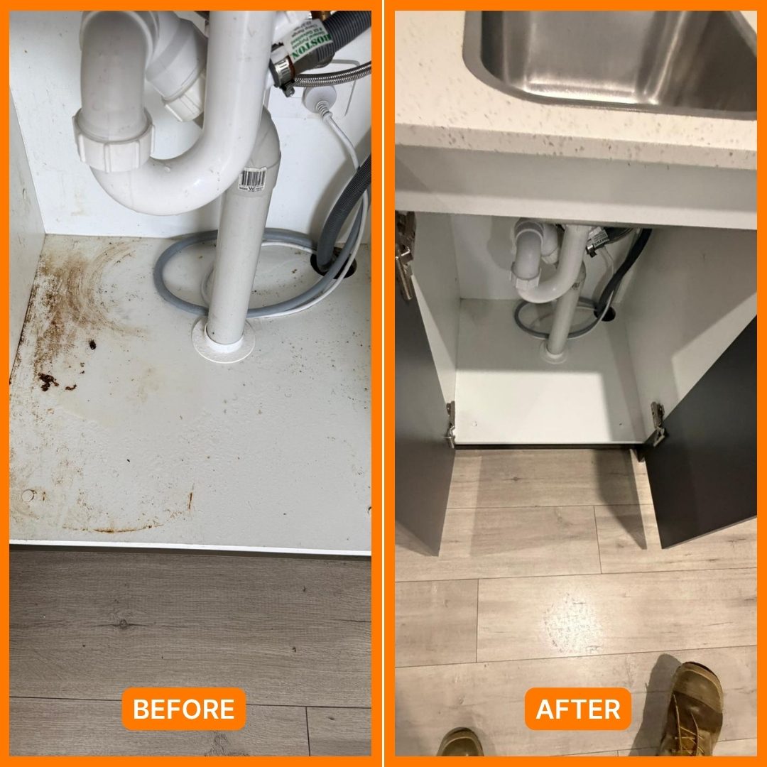Stained under-sink cupboard before and after end of lease cleaning in Brisbane